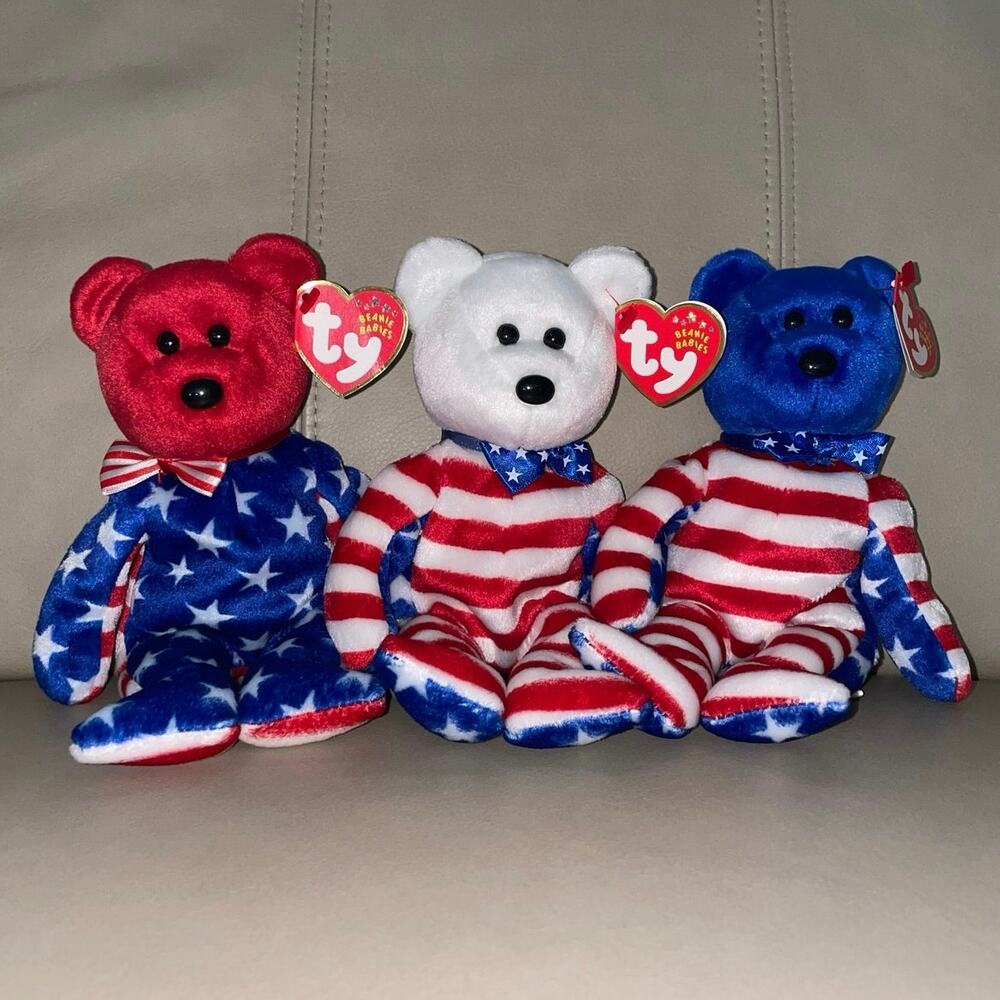 Vintage Ty Beanie Babies Liberty Bear Set of 3 Tri Color Face Patriotic USA Trio